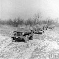 Four wheel steering jeep uder testing. Ford GP, Willys MBs. Baltimore, Maryland, USA, February 1942.